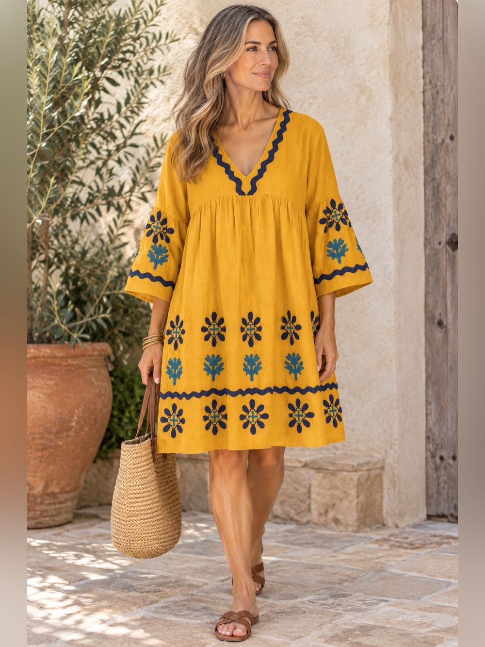 Soft Surroundings Petra Dress PXS Golden Glow Yellow Boho Embroidered Mini Tunic
